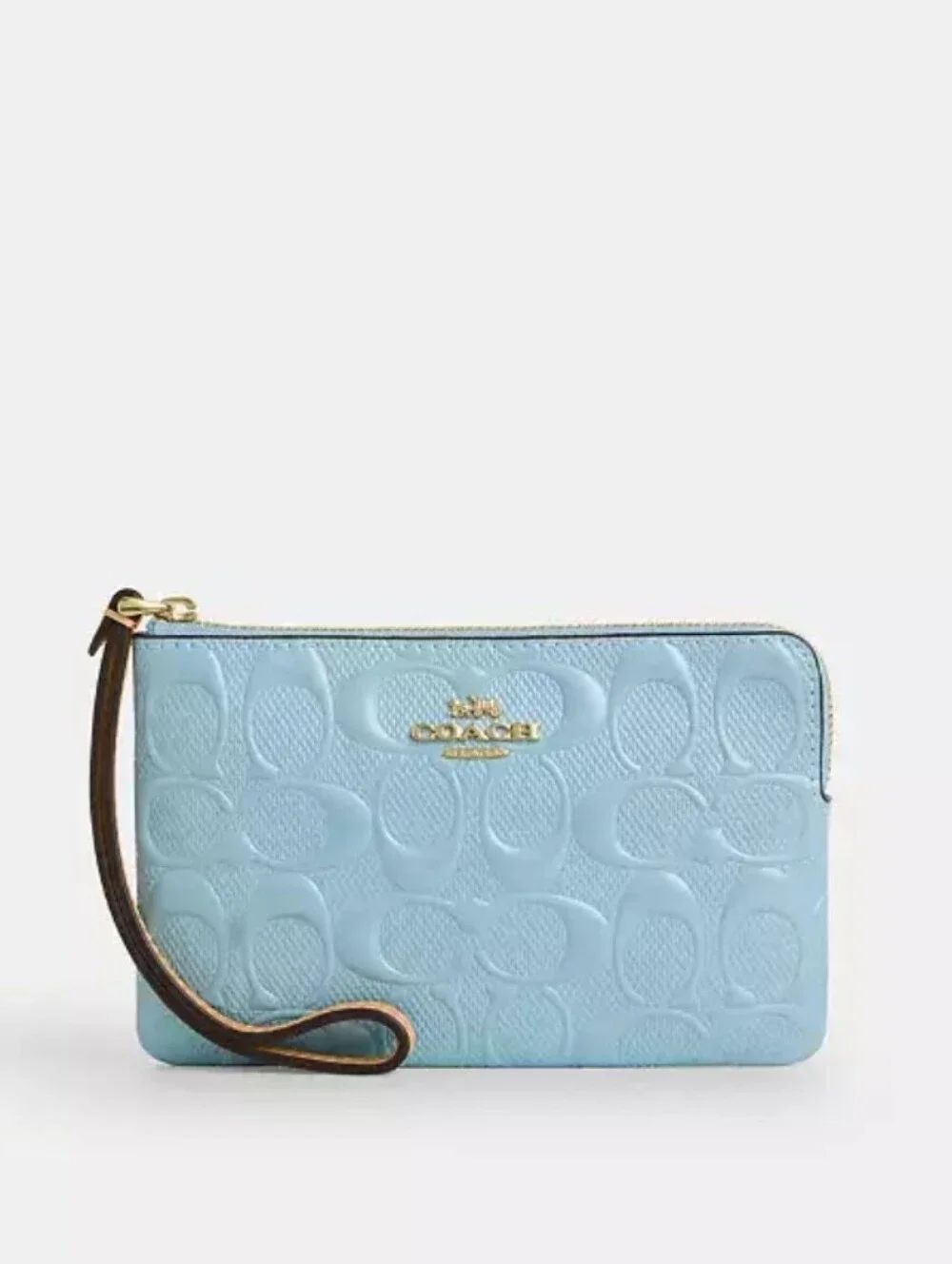 Coach Light Blue Pearlized Signature Patent Leather Wristlet Pouch